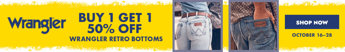 2024 B1G1 50% Off Wrangler Retro Bottoms Unified Homepage Campaign_Thin_Banner_Promo Bar.jpg