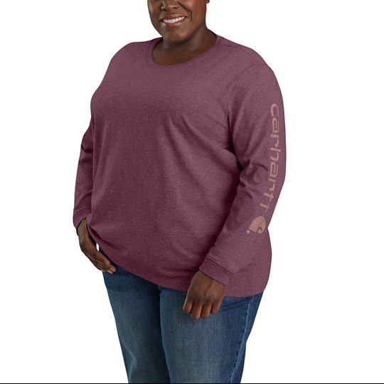 Carhartt Women's Loose Fit Heavyweight Long-Sleeve Logo Sleeve Graphic  T-Shirt in Blackberry Heather - Shirts, Carhartt