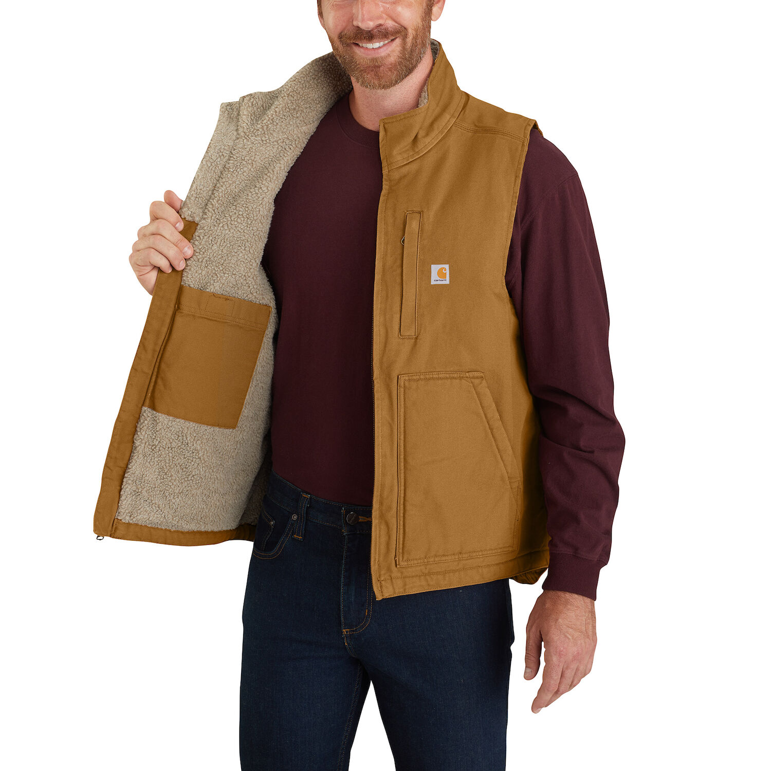 Carhartt Men's Loose Fit Washed Duck Sherpa-Lined Mock-Neck Vest